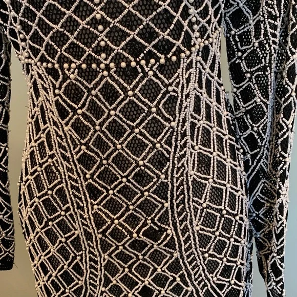 NEW asos Women’s Size 4 Small Black and White Long Sleeve Beaded Mini Dress - Picture 3 of 11